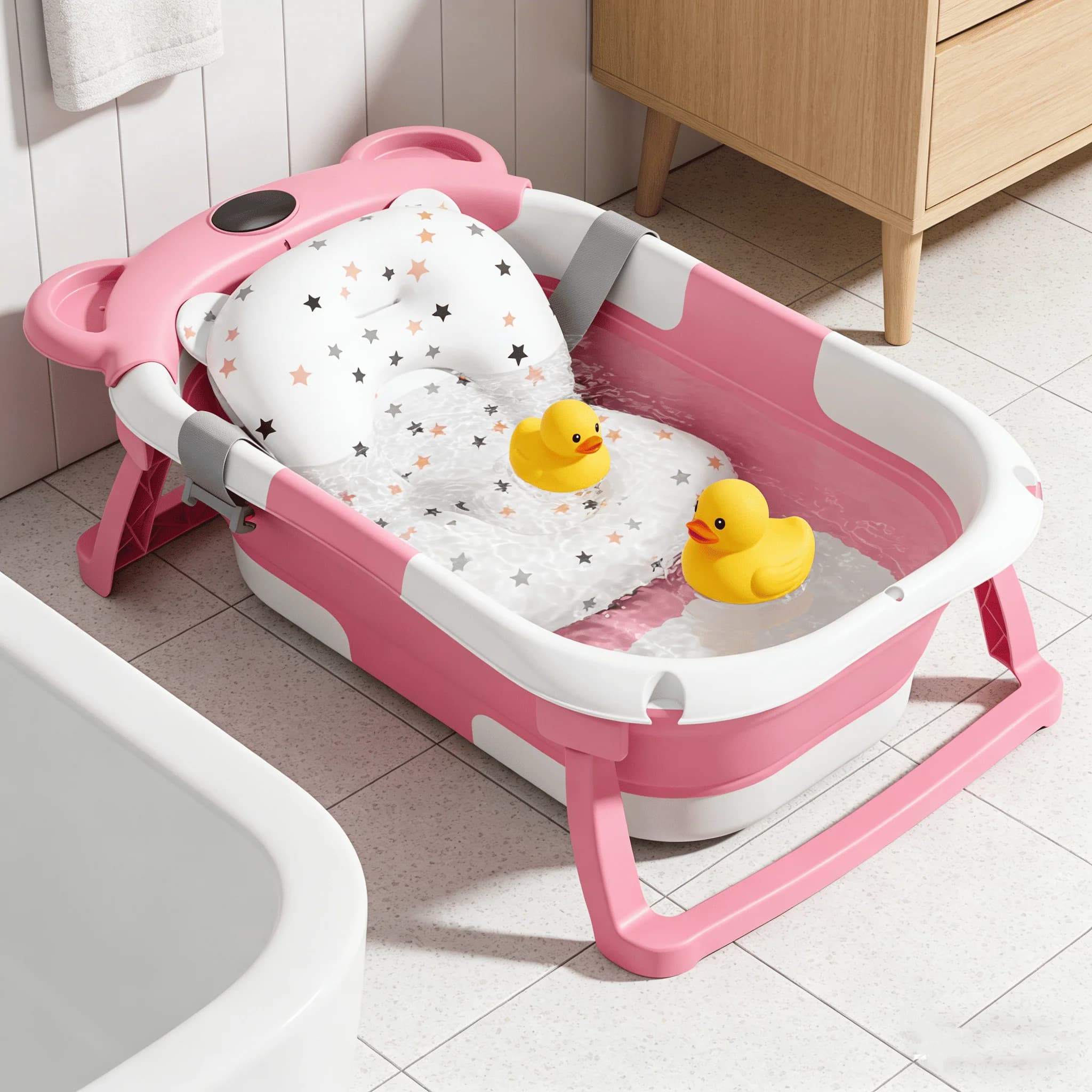 Vasca da bagno pieghevole per neonati, portatile con termometro intelligente, gambe antiscivolo e tappetino da bagno per doccia domestica, viaggi,
