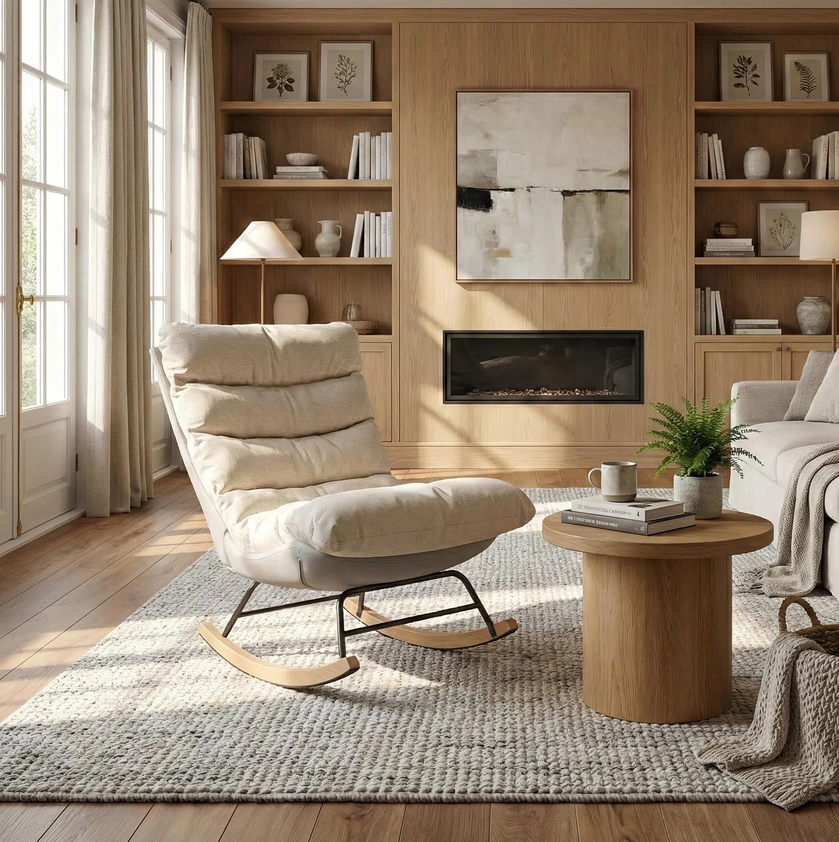 Poltrona a dondolo moderna beige e grigia, sedia a dondolo bimateriale (tessuto tecnico), sedia a dondolo per soggiorno e camera da letto