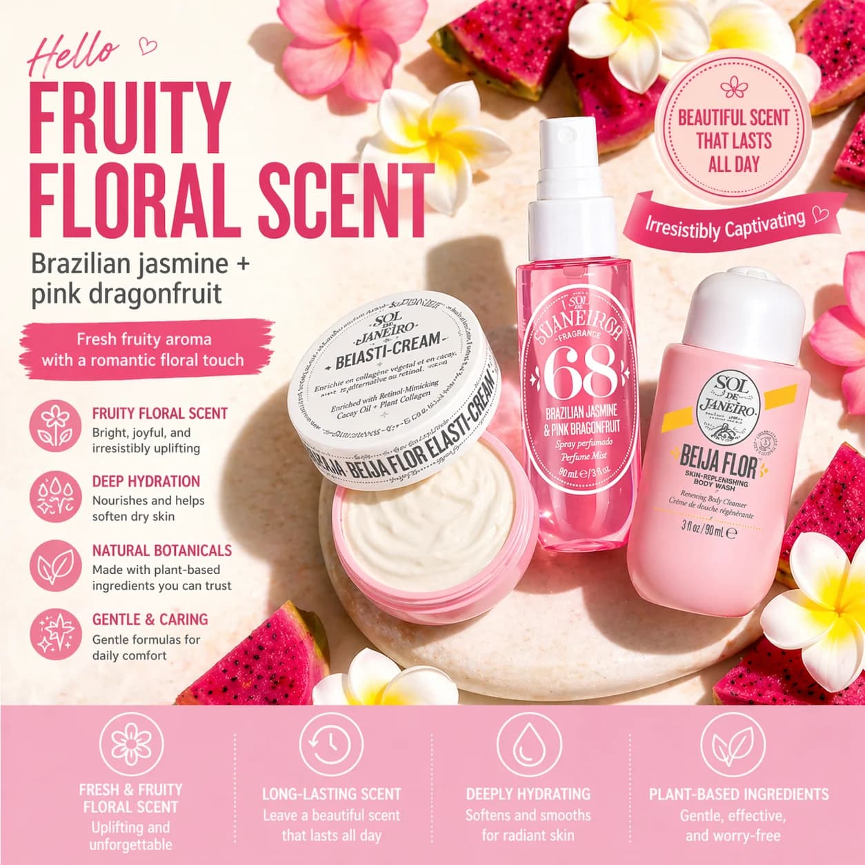 Set Regalo Janeiro Beija Flor per Donna: Gel Doccia, Crema Corpo e Spray Profumato Sheirosa 68, Set per la Cura del Corpo