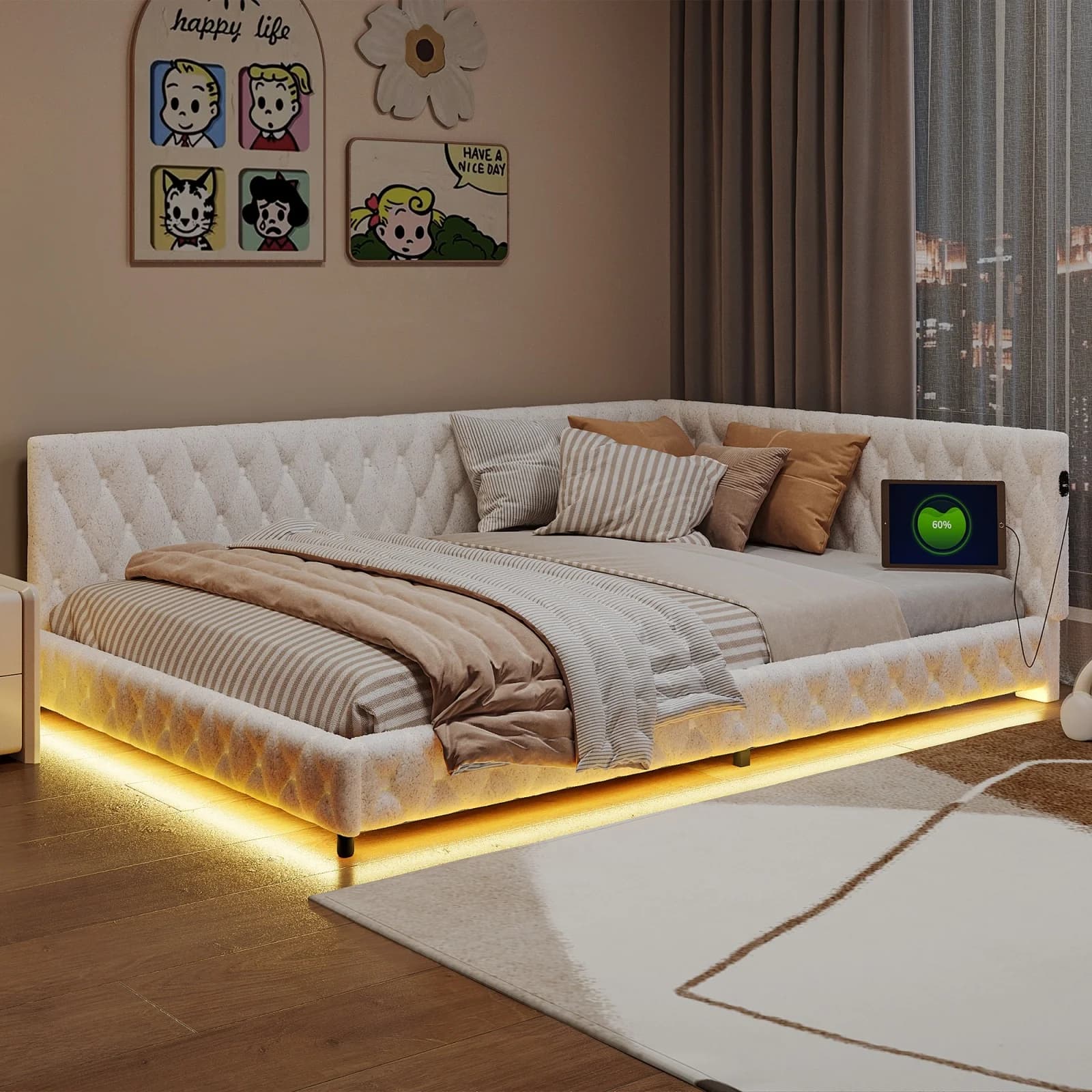 Divano letto, letto con testiera, struttura letto matrimoniale con LED e USB, letto 140x200 con base a doghe, letto per 2 persone, testiera imbottita,