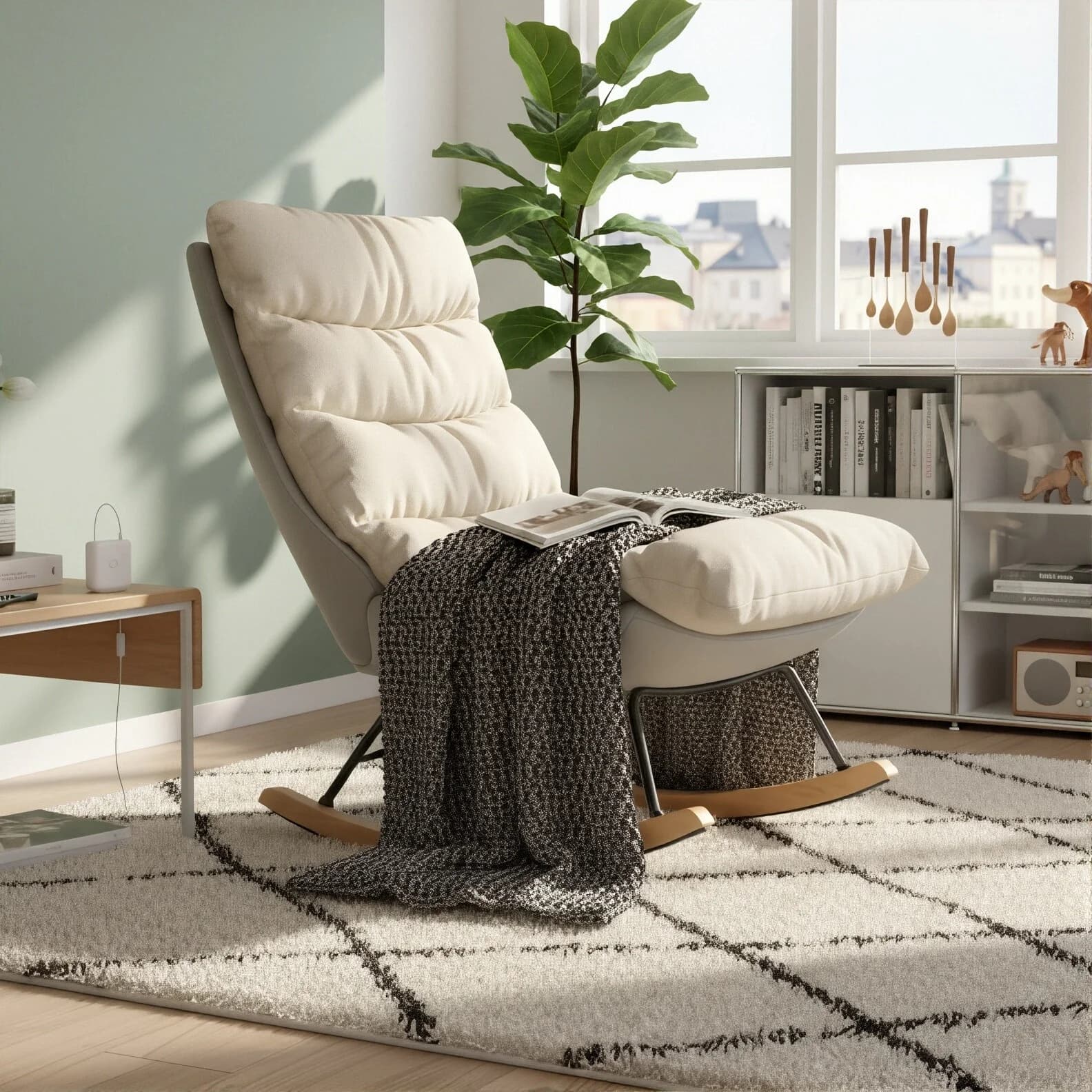 Poltrona scandinava. Sedia moderna con culla. Cuscino spesso in lino beige. Base nella bevanda. Per soggiorno camera da letto baby.