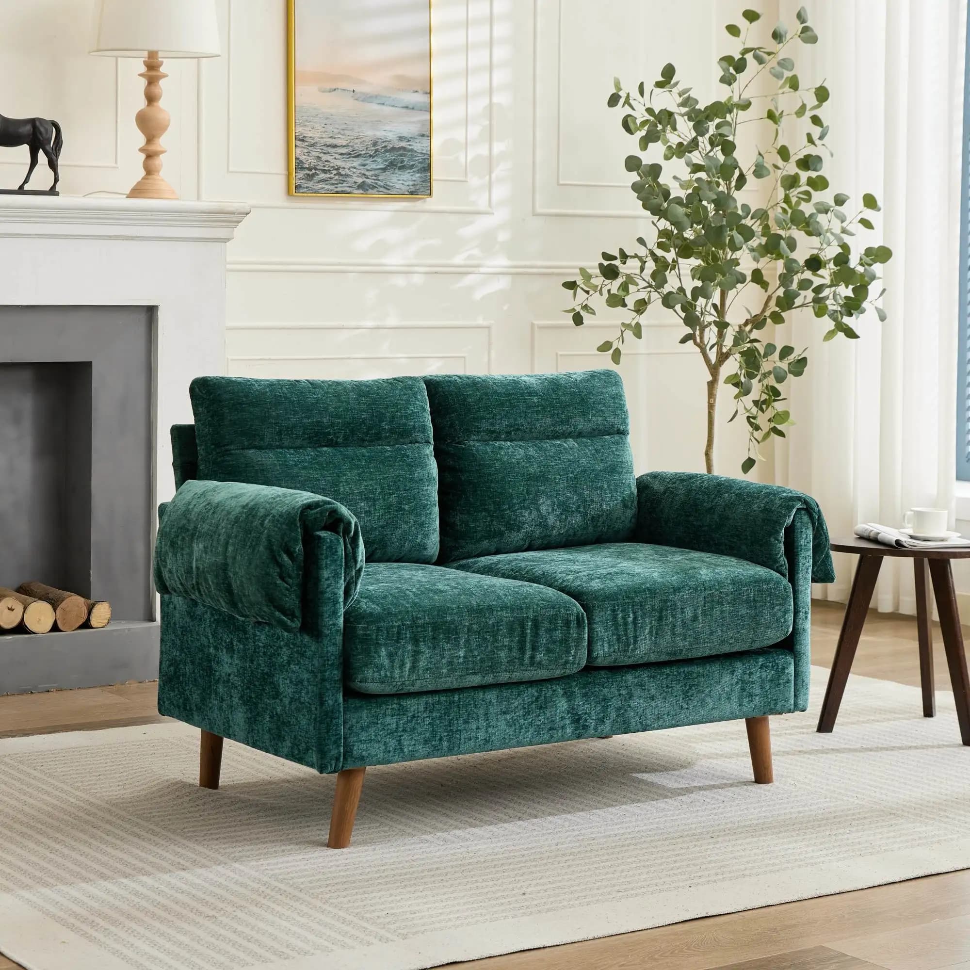 Divanetto Compatto Verde Smeraldo, Divano a 2 Posti in Ciniglia Morbida, Design Mid-Century con Gambe in Finto Legno, Salvaspazio per Piccoli Ambienti
