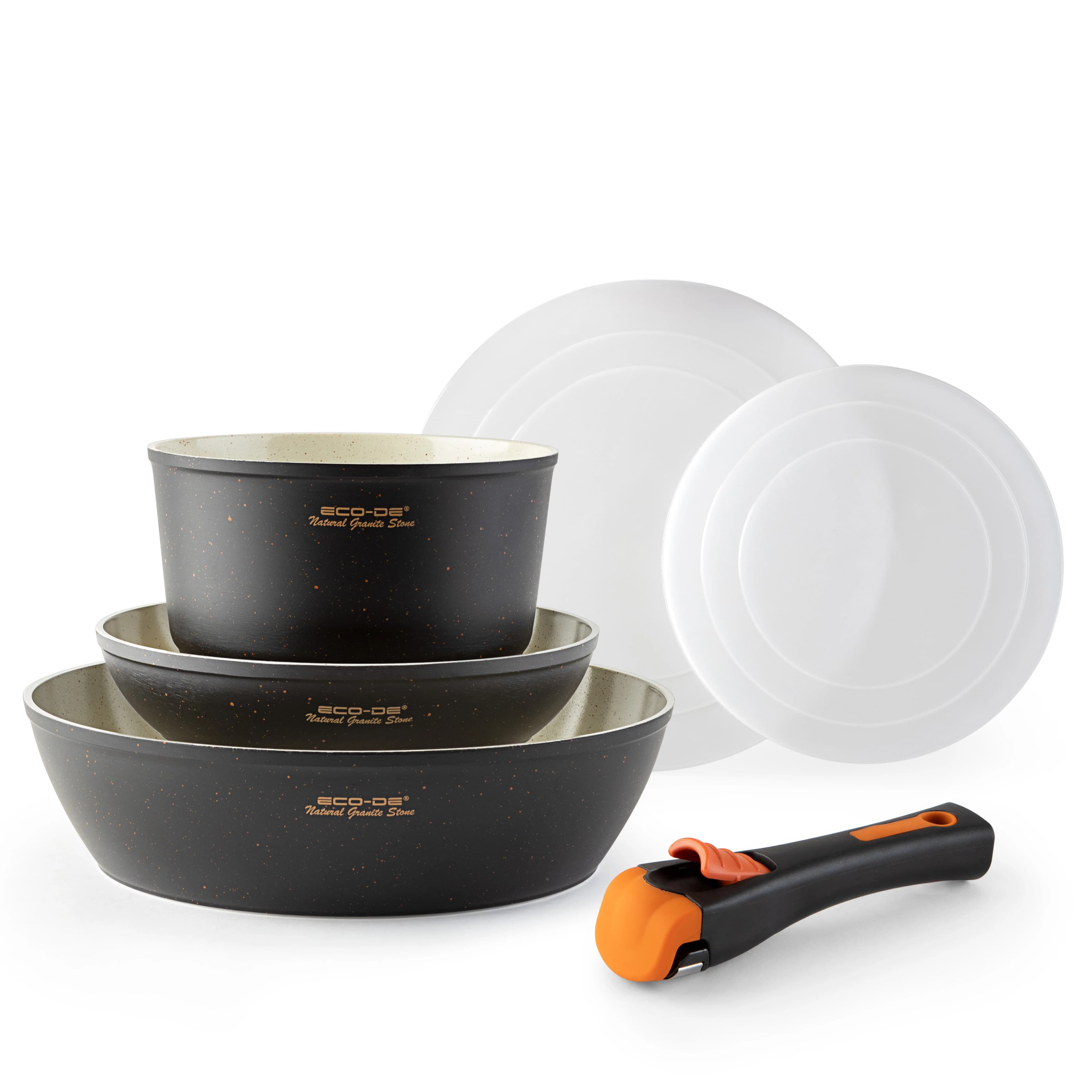 Eco-De Set 3 Pentole con rivestimento ceramico e Granito con Manico Removibile (2 Pentole, 1 Pentola e 2 Coperchi)