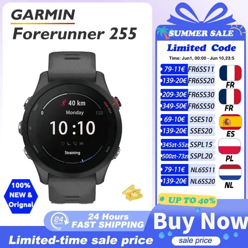 Garmin Forerunner 255 Sport Smartwatch 46mm 1.3 '' schermo a colori 14 giorni durata della batteria 4GB RAM NFC Bluetooth Wifi 5ATM impermeabile