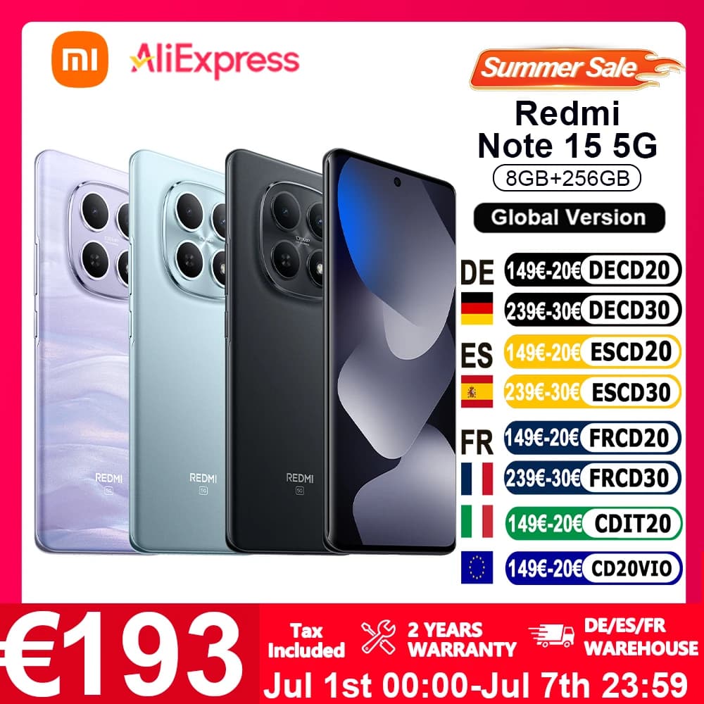 Versione Globale Xiaomi Redmi Note 15 5G Smartphone 5G 6.77" FHD Snapdragon ®   6 Gen 3 108MP IP66 Batteria da 5520mAh Ricarica a 45W NFC Xiaomi