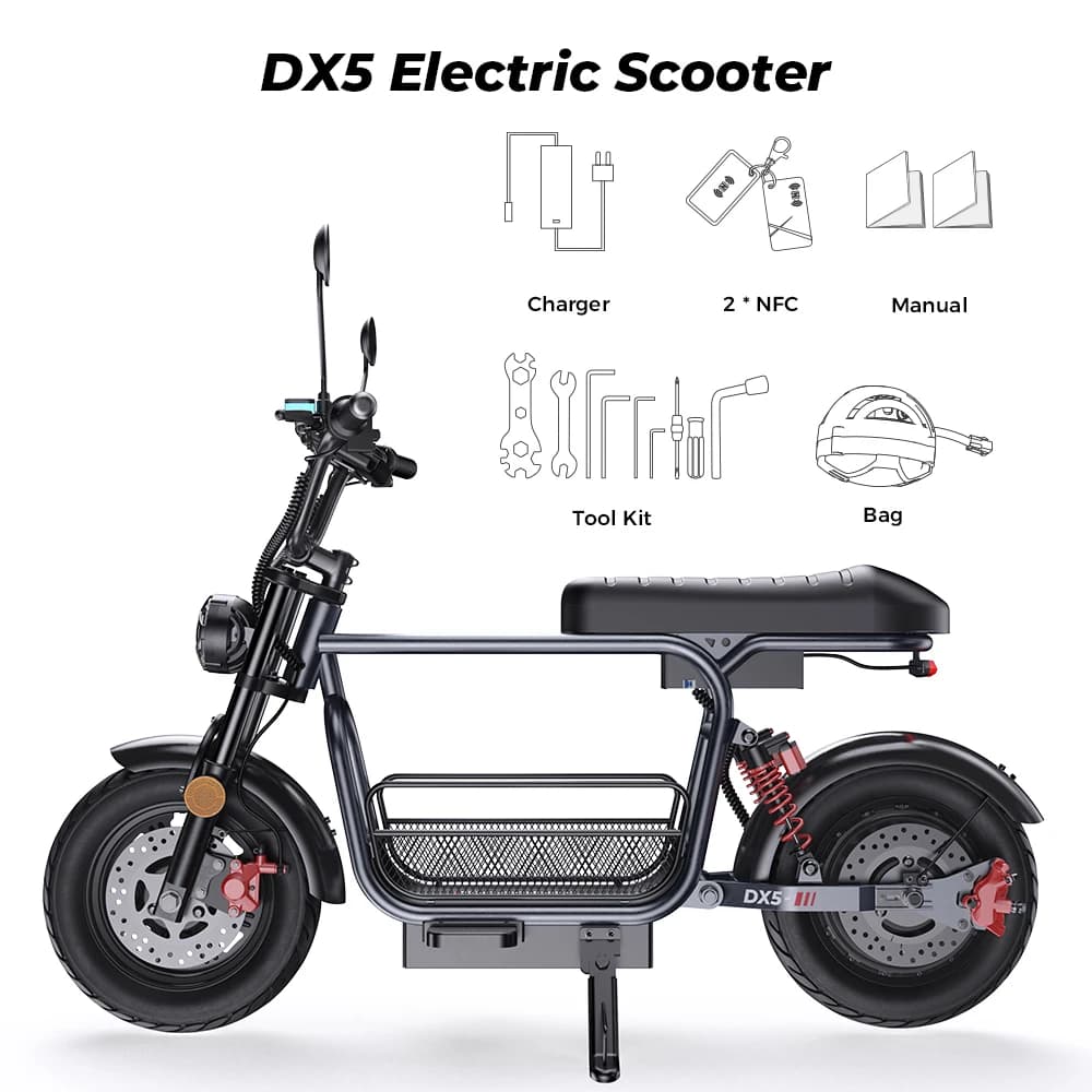 Bicicletta elettrica iscooter DX5, 1500W, batteria da 15.6Ah, velocità massima 55 km/h, autonomia 60-72 km, pneumatici da 15 pollici x 3.0 pollici.