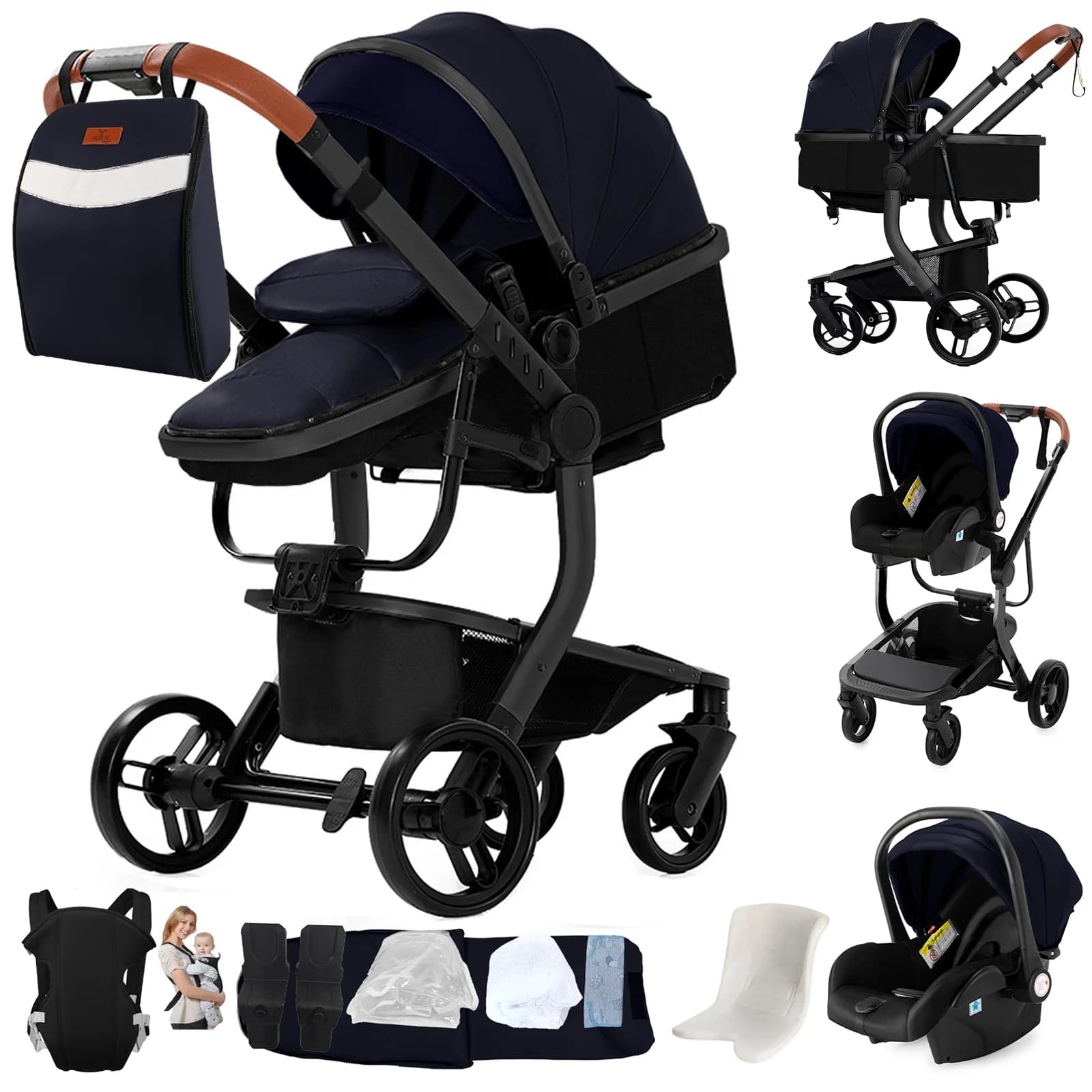 Travel System Carrozzina e carrozzina convertibile Passeggino leggero 3 in 1 definitivo con ruote in PU per tutto il terreno, piega compatta
