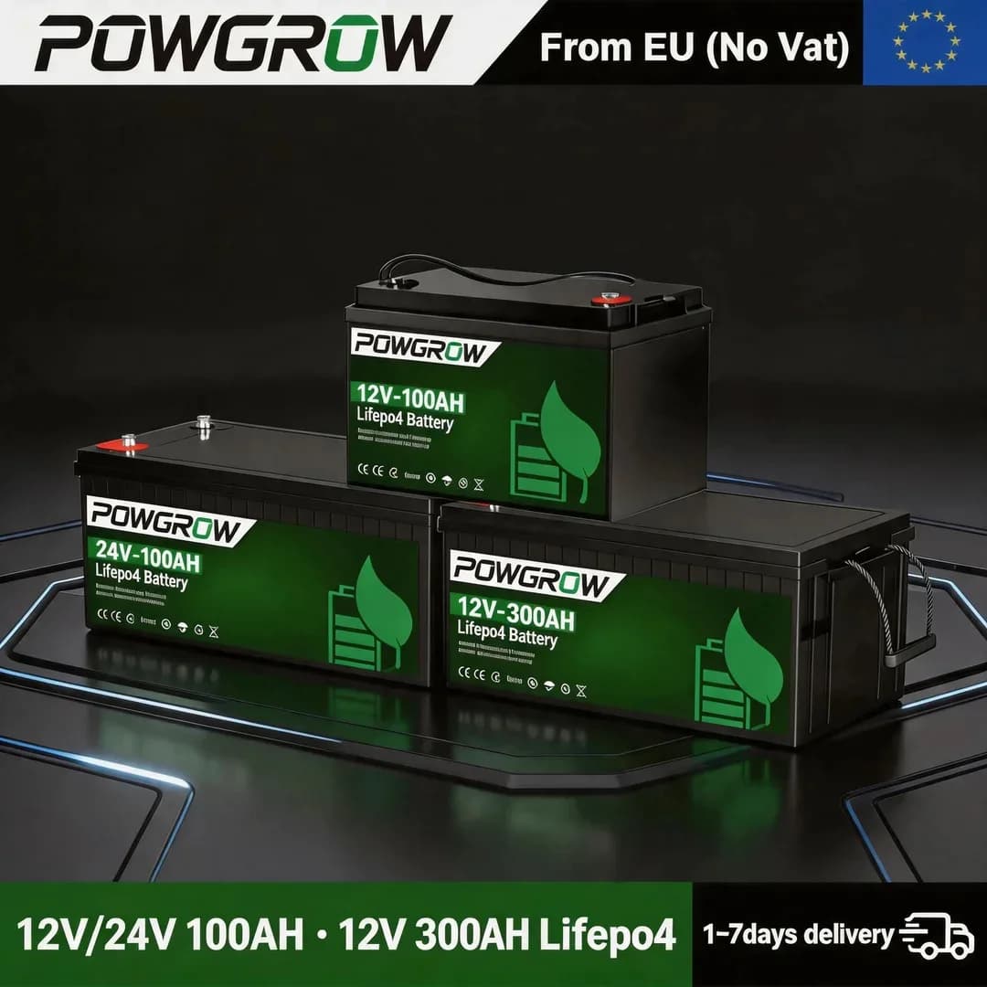 POWGROW Batteria LiFePO4 12V 100AH 300AH, Batteria al Litio Ferro Fosfato con BMS Integrato, 6000+ Cicli, per Inverter Solare RV, Senza Tasse