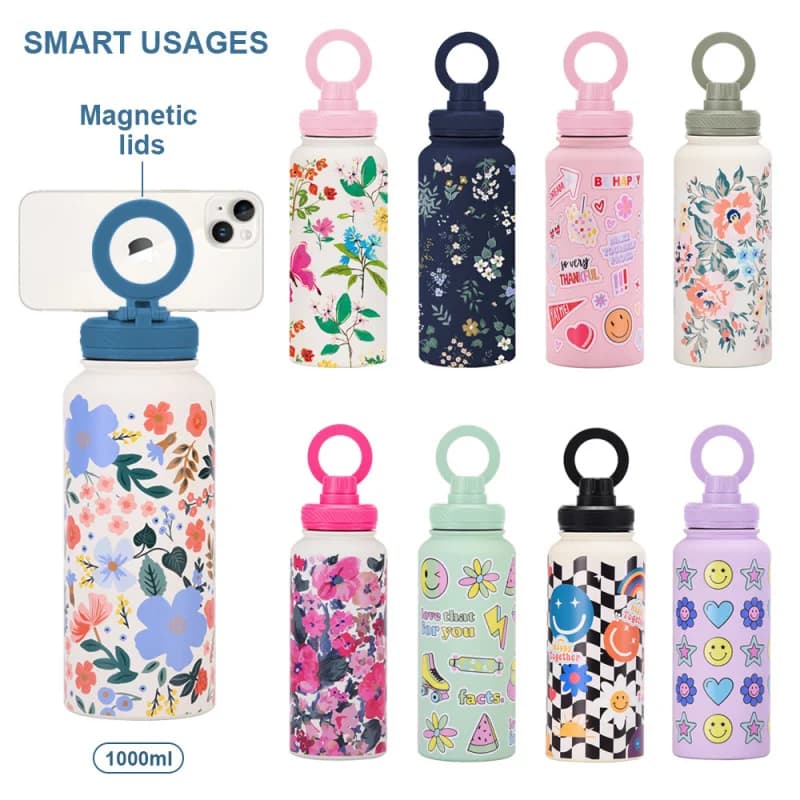 Bottiglia d'acqua thermos da 1000 ml con supporto magnetico per telefono cellulare Borraccia sportiva con stampa yoga per palestra