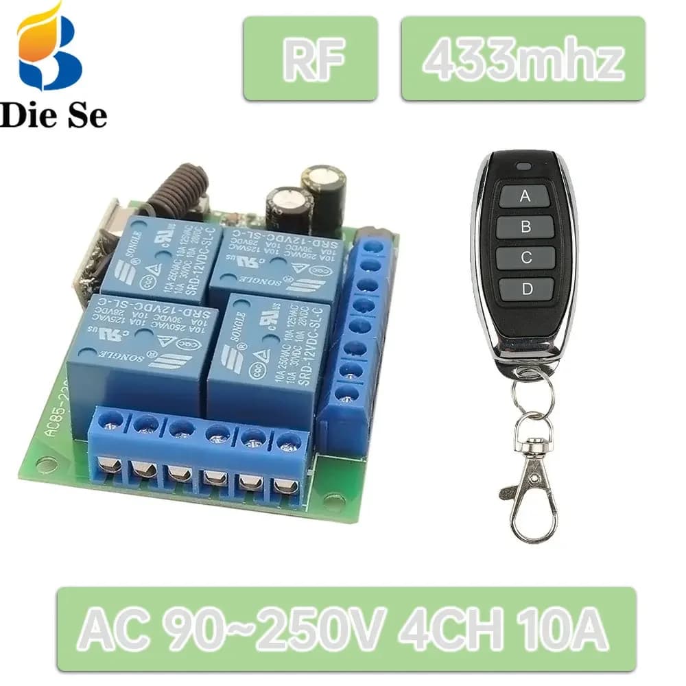 Telecomando universale RF 433 Mhz AC 110 V 220 V Modulo relè Ricevitore a 4 canali e trasmettitore a 4 pulsanti per ventola luce porta cancello