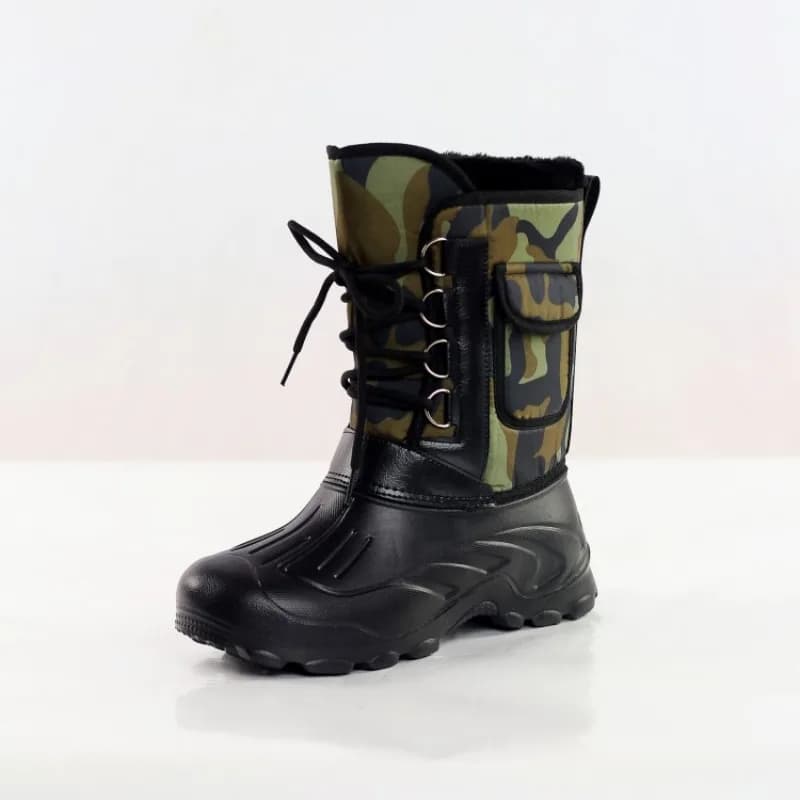 Stivali da pioggia Stivali da neve mimetici da uomo Scarpe da pioggia da esterno impermeabili con pelliccia Peluche Stivali da moto da lavoro casual
