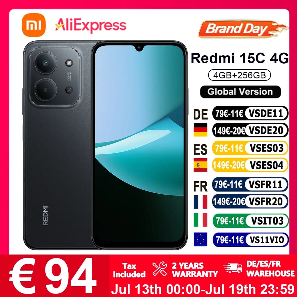 Versione Globale Redmi 15C smartphone 6.9" 120HZ 6000mAh USB Type-C Ricarica Rapida 33W Registrazione Video 1920 x 1080px Sistema di Doppia Fotocamera