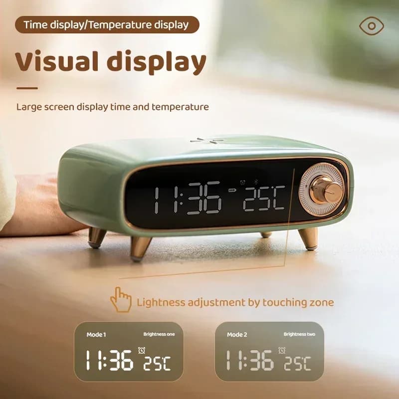 Altoparlante Bluetooth 6 in 1, caricabatterie wireless Sveglia intelligente moderna a LED digitale, orologio da tavolo con luce notturna a ricarica