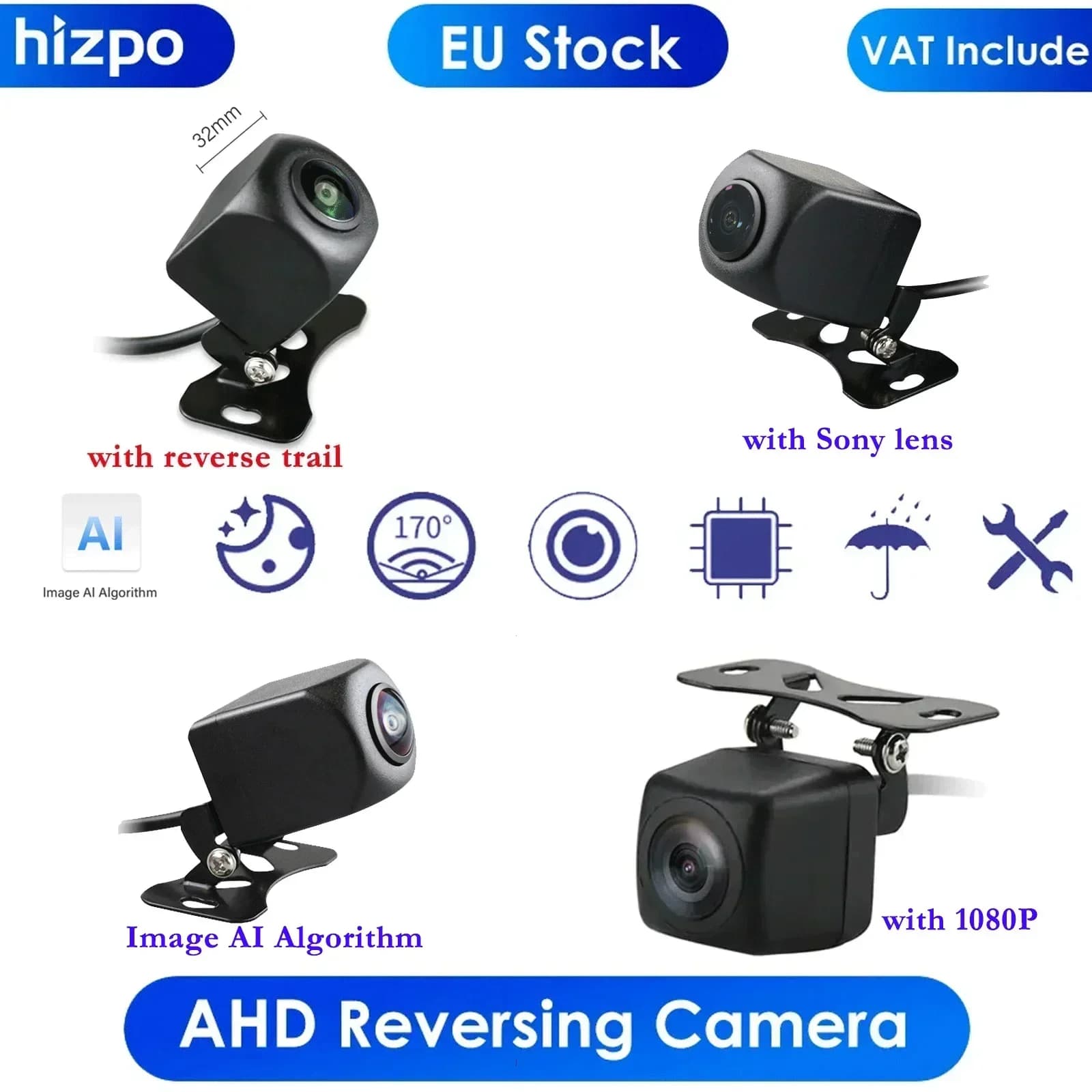 Telecamera Posteriore Universale HD 1080P AHD AI per Auto, Angolo Ampio 170°, Visione Notturna e Impermeabile, per Radio Auto e Retromarcia