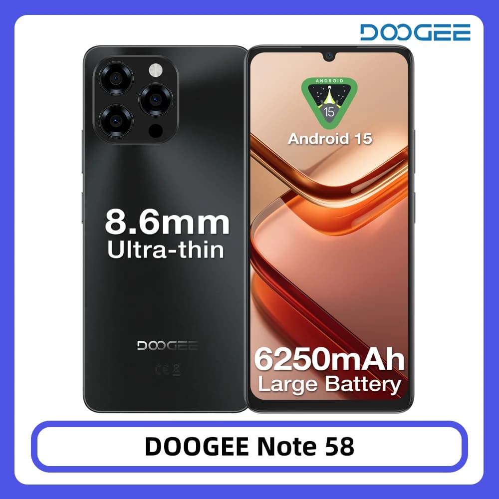 DOOGEE Note 58 Smartphone 32GB 128GB 6.75" HD+ 90Hz Batteria Grande da 6250mAh Unisoc T7250 Fotocamera 16MP NFC Android 15 Cellulare