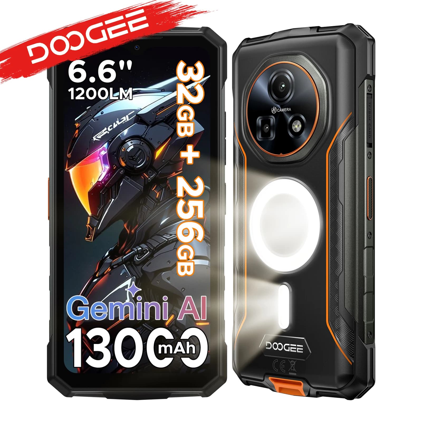 DOOGEE Fire 5 Luci da campeggio ultra doppie Telefono robusto da 6,6" Batteria da 13000 mAh 32 GB di RAM (8 + 24) 256 GB di ROM Google paga NFC Helio