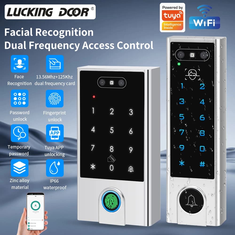 Controllo Accessi Impermeabile IP66 con Riconoscimento Facciale, Supporto App Tuya, WIFI, ID+IC, Password, Impronta Digitale, Doppia Frequenza e WG 24