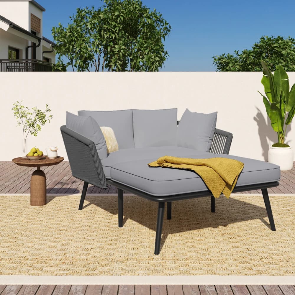 Mobili da Esterno per Patio, Divano Lettino Multifunzionale con Morbida Imbottitura e 2 Cuscini Rimovibili Lavabili, Divano Relax Grigio Resistente