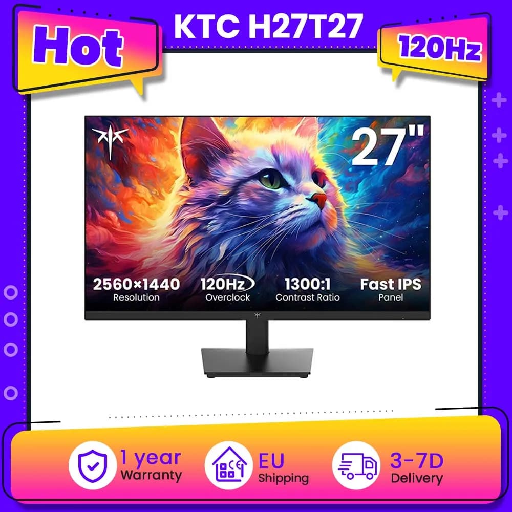 Monitor da ufficio KTC H27T27 27" 2560×1440 100Hz con overdrive fino a 120Hz Risoluzione 2K QHD Pannello IPS HDR10 Luce blu ridotta Senza sfarfallio