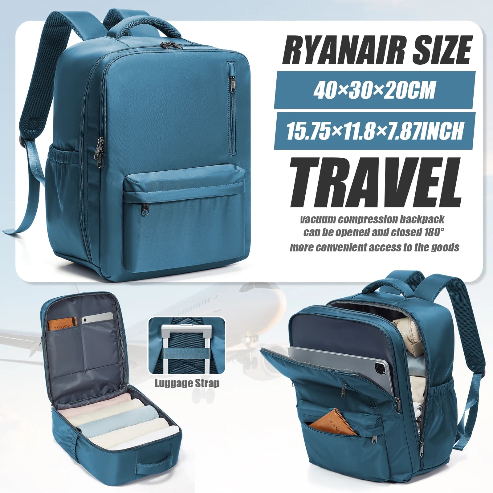 Wizzair Ryanair 40x30x20 Borsa da cabina Bagaglio a mano Zaino Uomo Donna Borse per laptop da 15,6 pollici, Borsa per riporre abbigliamento, Zaino per