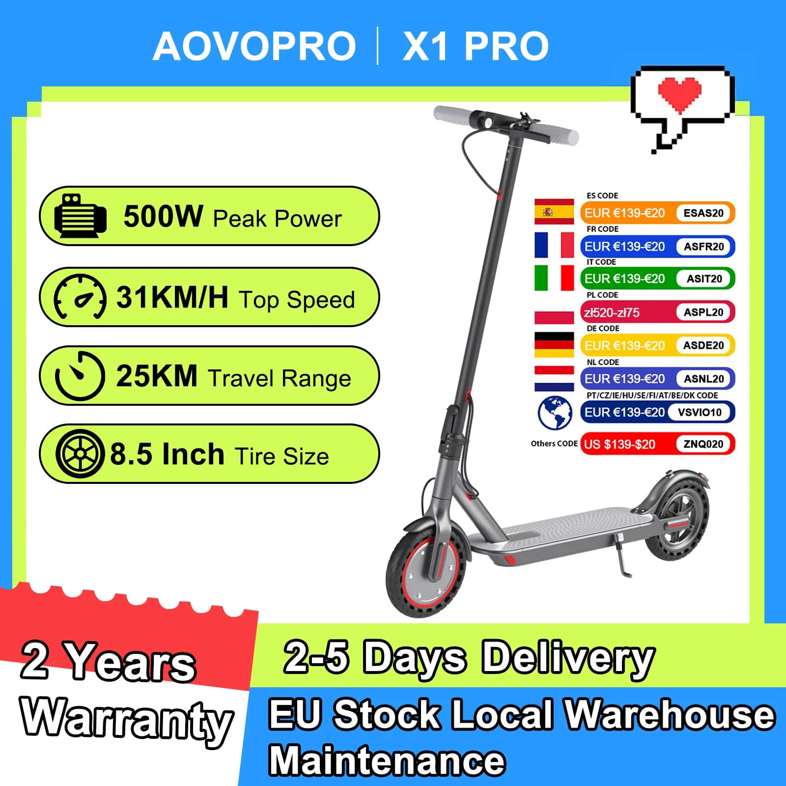 2026 NUOVO AOVOPRO X1PRO Scooter Elettrico 500W Potenza di Picco 350W Motore Pieghevole Scooter Elettrico 36V7.8AH 31KM/H 25KM Gamma EScooter