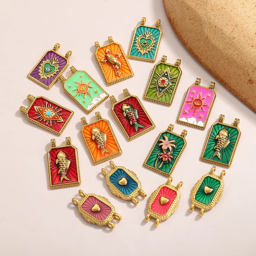 Ciondolo Quadrato in Acciaio Inossidabile Francese Smaltato con Carte dei Tarocchi, Charms Fai da Te, Collana da Donna con Occhio d'Amore in Pietra
