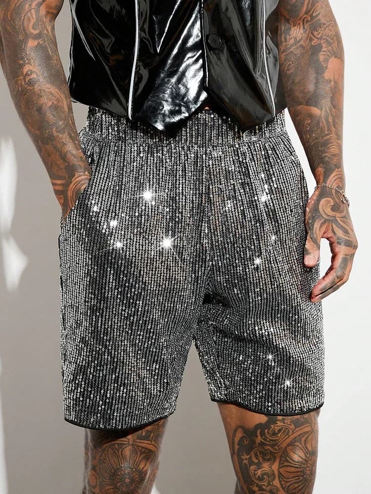 2025 primavera estate nuovi pantaloncini casual uomo vintage tinta unita paillettes glitter pantaloncini streetwear uomo pantaloncini dritti larghi