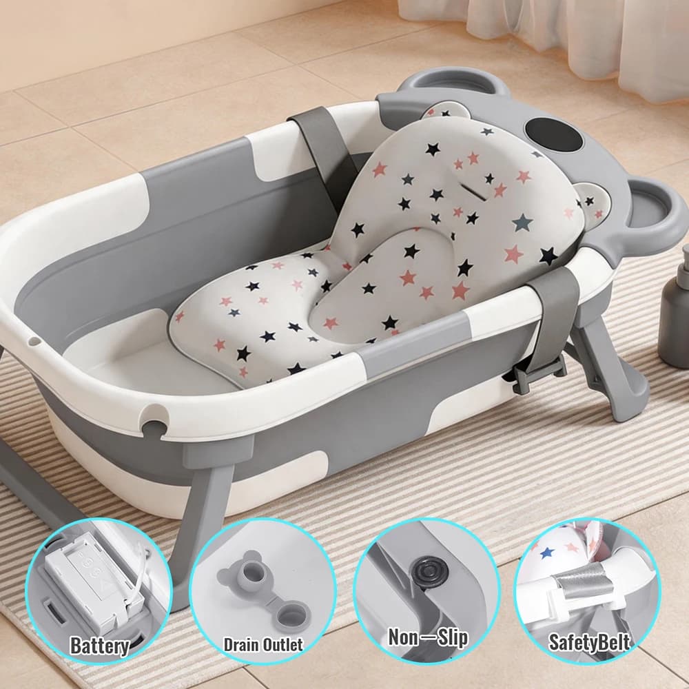 Vaschetta da bagno pieghevole per neonati con sensore di temperatura intelligente in tempo reale e tappetino morbido di supporto, vasca portatile