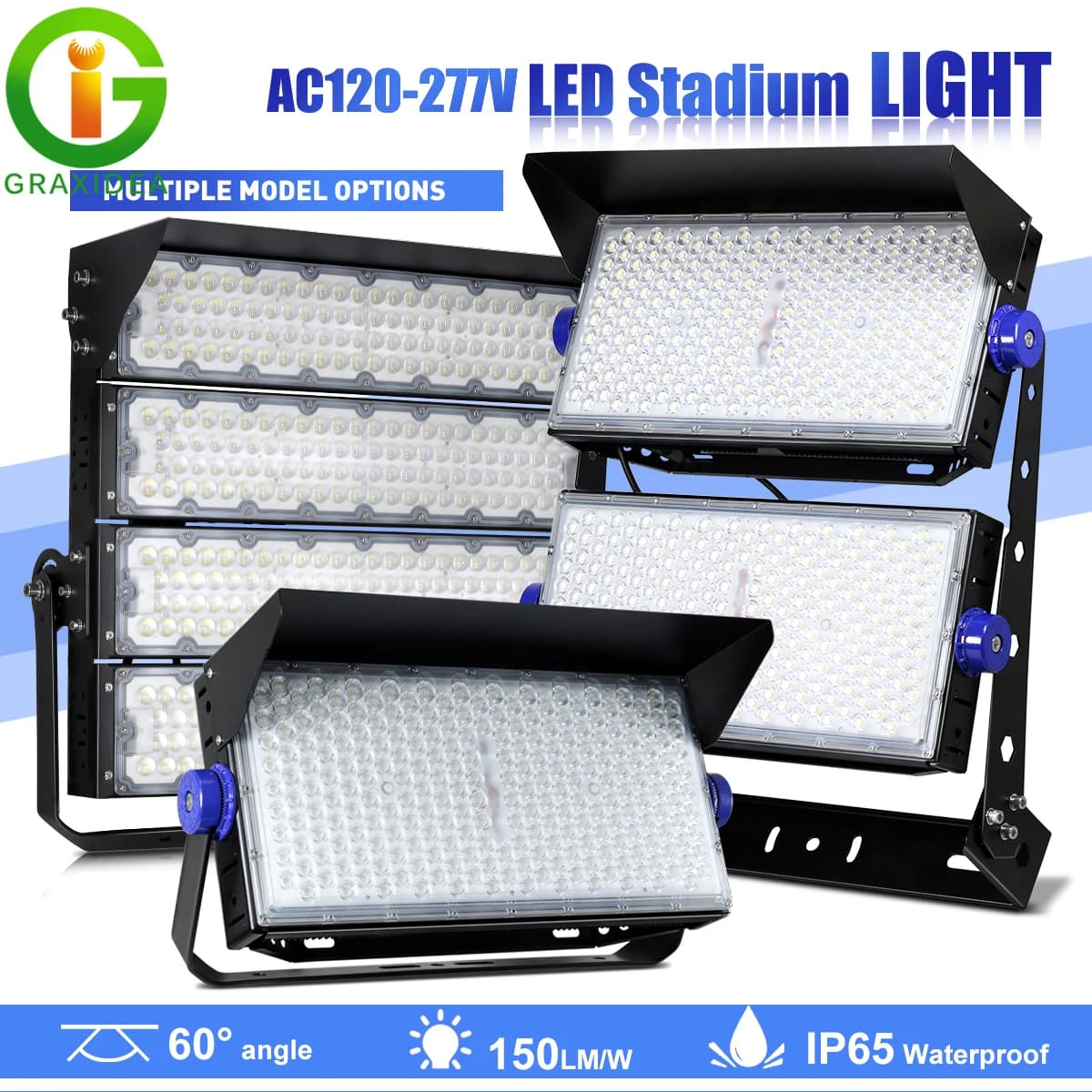 Chip LED 6000K 130LM/W ad Alta Luminosità e Ampio Angolo 60° °   Faro LED da Stadio IP65 Impermeabile ad Alta Efficienza con Staffa Regolabile