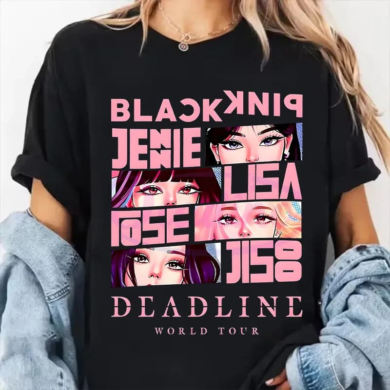 T-shirt Kpop Blackpink in Stile Coreano per Uomo e Donna, Maglietta Estiva con Stampa Cartoon della Band Rosa, Top a Maniche Corte alla Moda Hip Hop