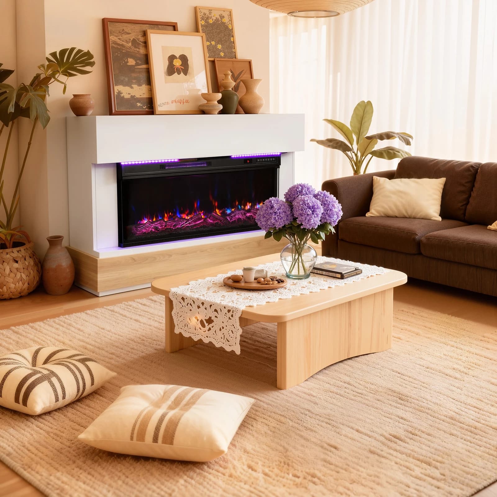 HOMAVO 36" Camino Elettrico con Mobile, Riscaldamento 1000/2000W, Effetto Fiamma 3D, Barra LED, Telecomando