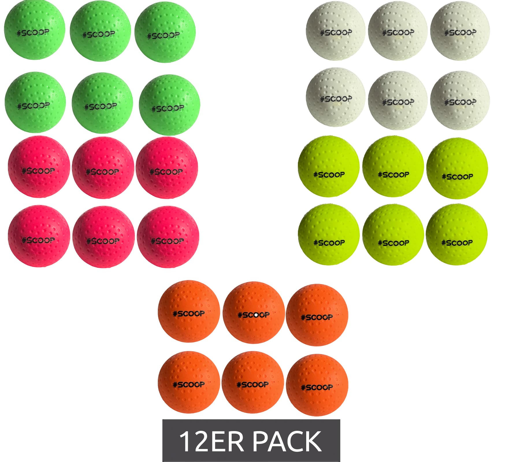 Confezione da 12 palline da hockey da strada SCOOP X-Treme con design a fossette, attrezzatura sportiva, bianche, verdi, rosa, gialle o arancioni