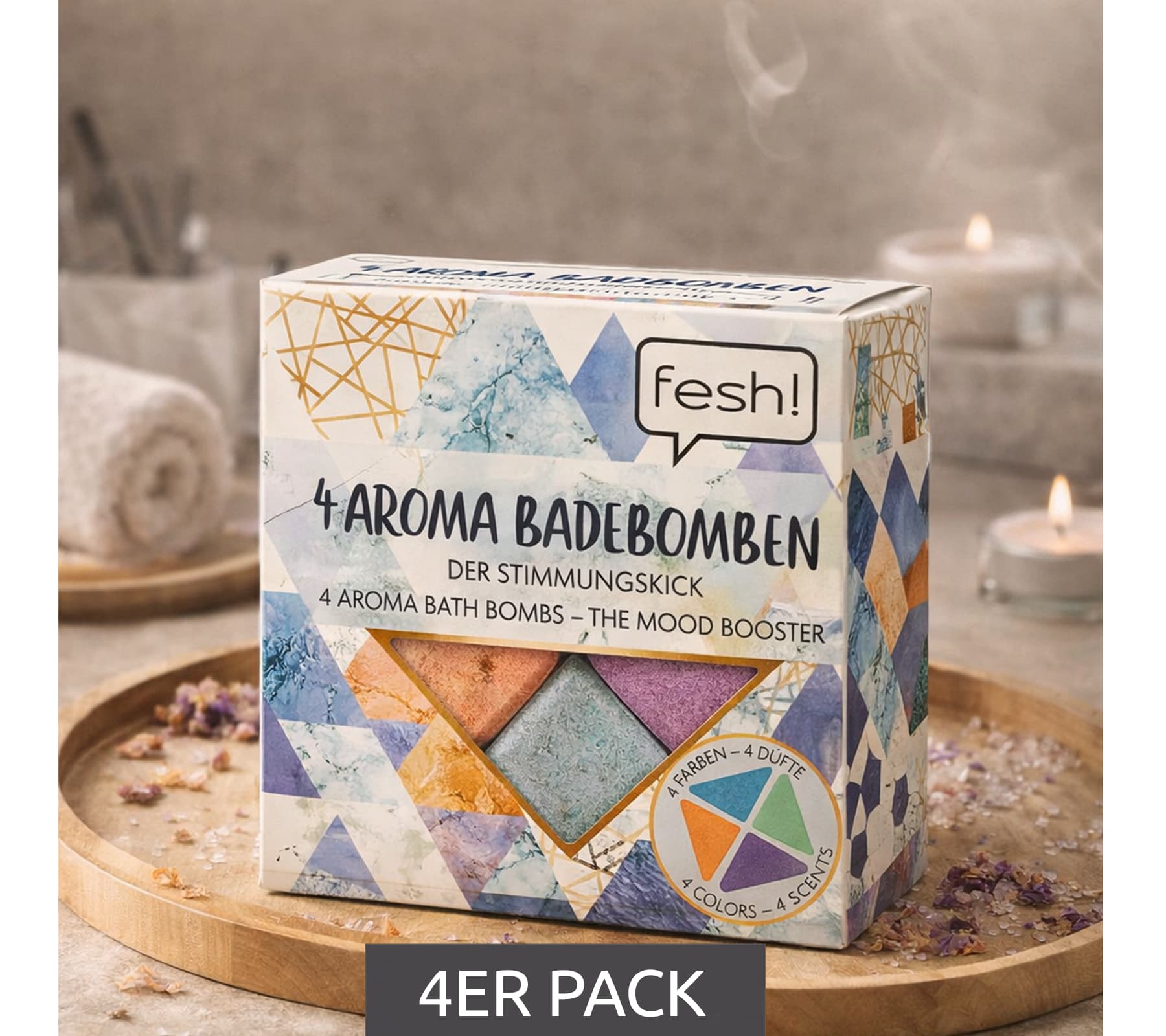 Confezione da 4 bombe da bagno aromatiche fesh! in quattro diversi colori e profumazioni - Accessori da bagno sostenibili - Benessere