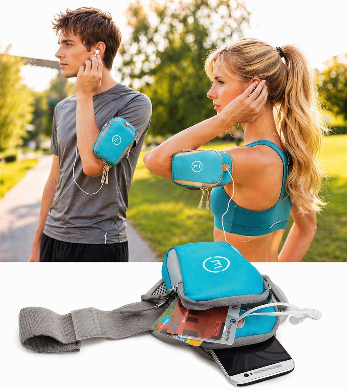 Fascia da braccio sportiva Echelon Lime per cellulari con apertura per auricolari, ideale per jogging e come custodia per smartphone, colore blu
