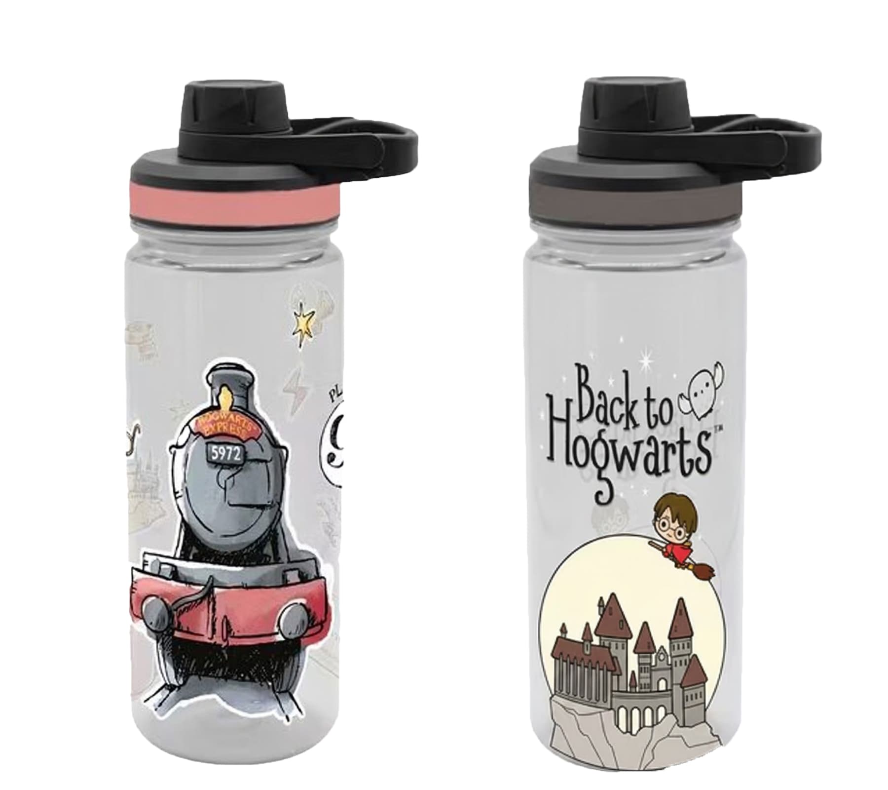 Bottiglia d'acqua Harry Potter – "Back to Hogwarts" o "Hogwarts Express" – 700 ml con tappo a vite e design magico (Trasparente/Nero/Grigio o