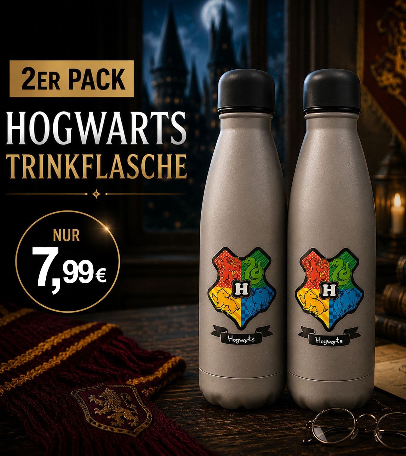 Confezione da 2 borracce termiche Harry Potter "Ritorno a Hogwarts" da 500 ml in acciaio inox con design magico, beige/grigio