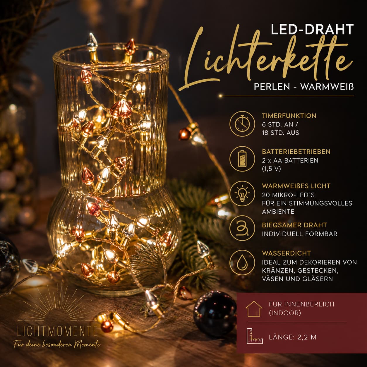 Luci decorative Sparkling Light Moments con timer, 2,2 metri, 20 micro LED bianco caldo, filo LED, 7566784 Oro