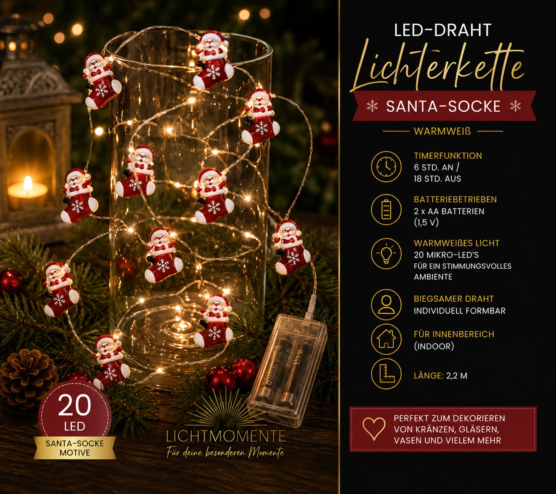 Luci decorative a LED Atmospheric LIGHT MOMENTS con design a calza di Babbo Natale, 2,2 metri, 20 micro LED bianco caldo, 9843954 Argento