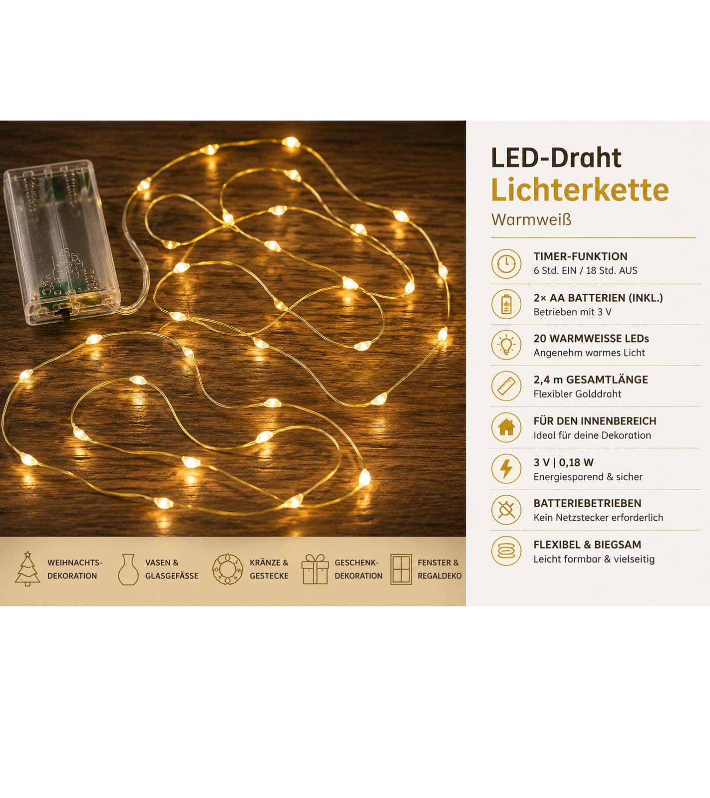 Luci decorative a filo LED impermeabili LICHTMOMENTE con funzione timer, 2,4 metri, 20 micro LED bianco caldo, 9843546 Oro