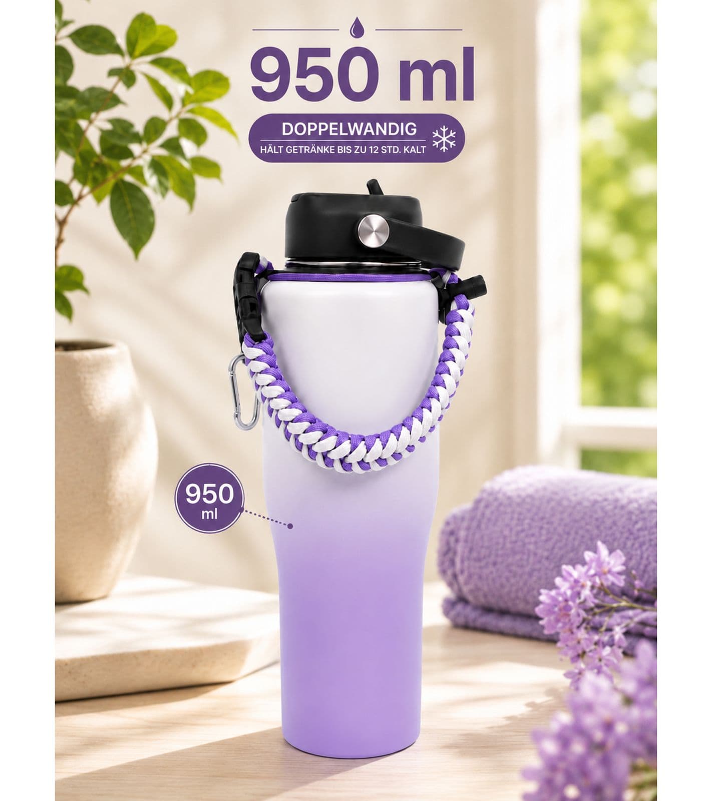 Pratica borraccia termica in acciaio inox a doppia parete da 950 ml con cannuccia, cinturino e moschettone – Viola/Bianco