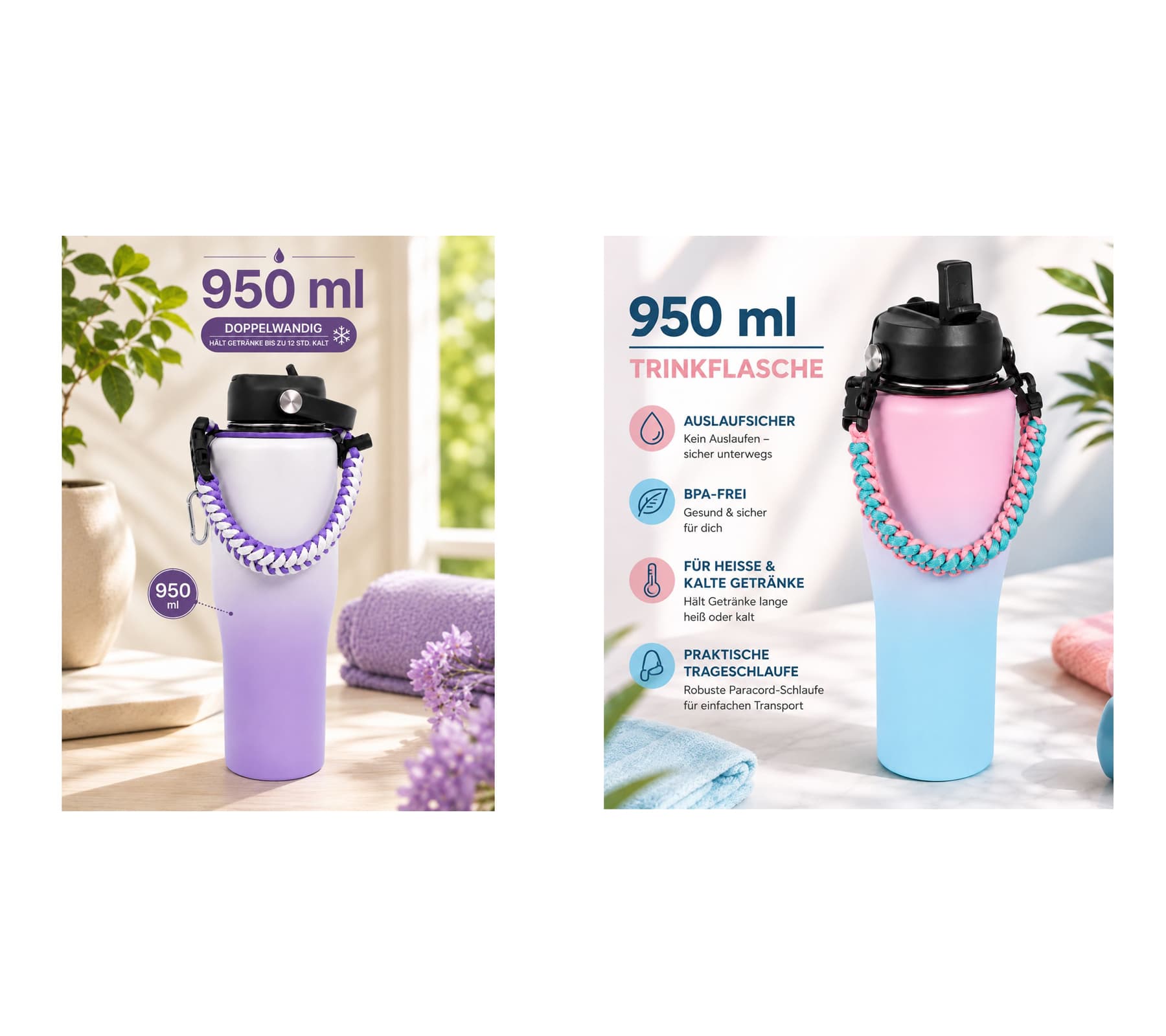 Pratica borraccia termica in acciaio inox da 950 ml con cannuccia, tracolla e moschettone, disponibile nei colori viola/bianco o rosa/blu