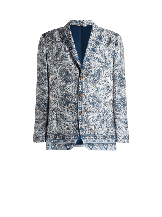 Etro, Giacca Monopetto In Seta Con Stampa Piazzata Paisley Pochette, Uomo, Azzurro, Taglia 44