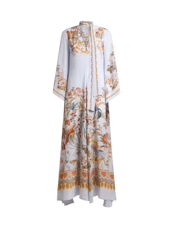 Etro, Abito Lungo In Seta Con Foulard E Stampa Piazzata Flora E Fauna, Donna, Multicolor, Taglia 50