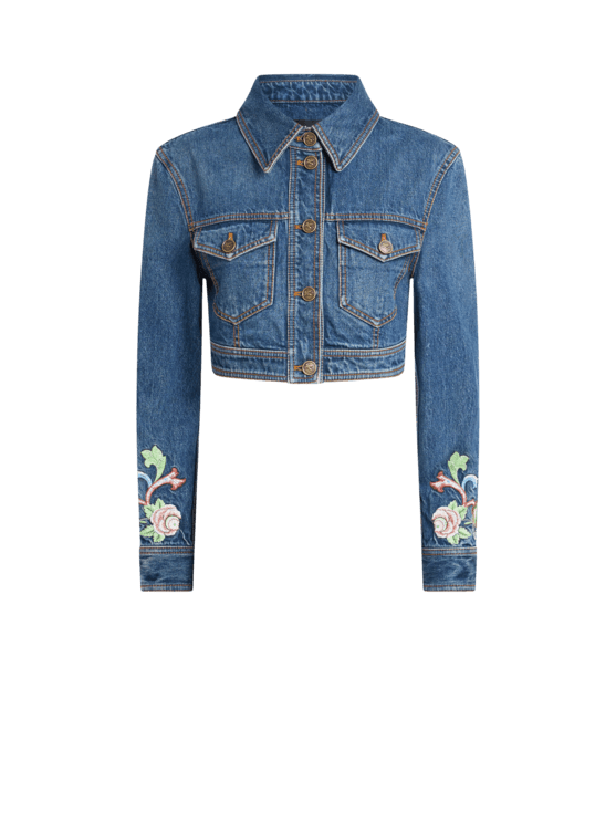 Etro, Giacca Cropped In Denim Con Ricamo Floreale, Donna, Blu, Taglia 38