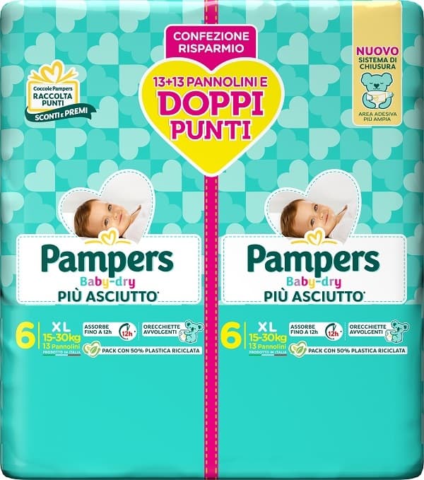 PAMPERS BABY DRY PIU' ASCIUTTO TAGLIA 6 XL 15-30KG PACCO DOPPIO 26 PANNOLINI