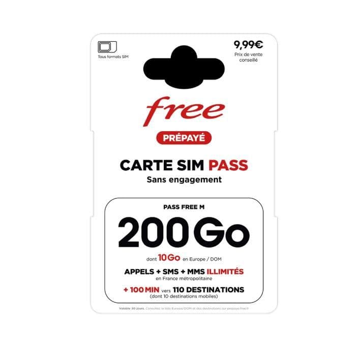 Carta SIM prepagata - Free - 200 GB - Chiamate/SMS/MMS illimitati - 100 min internazionali - Senza impegno