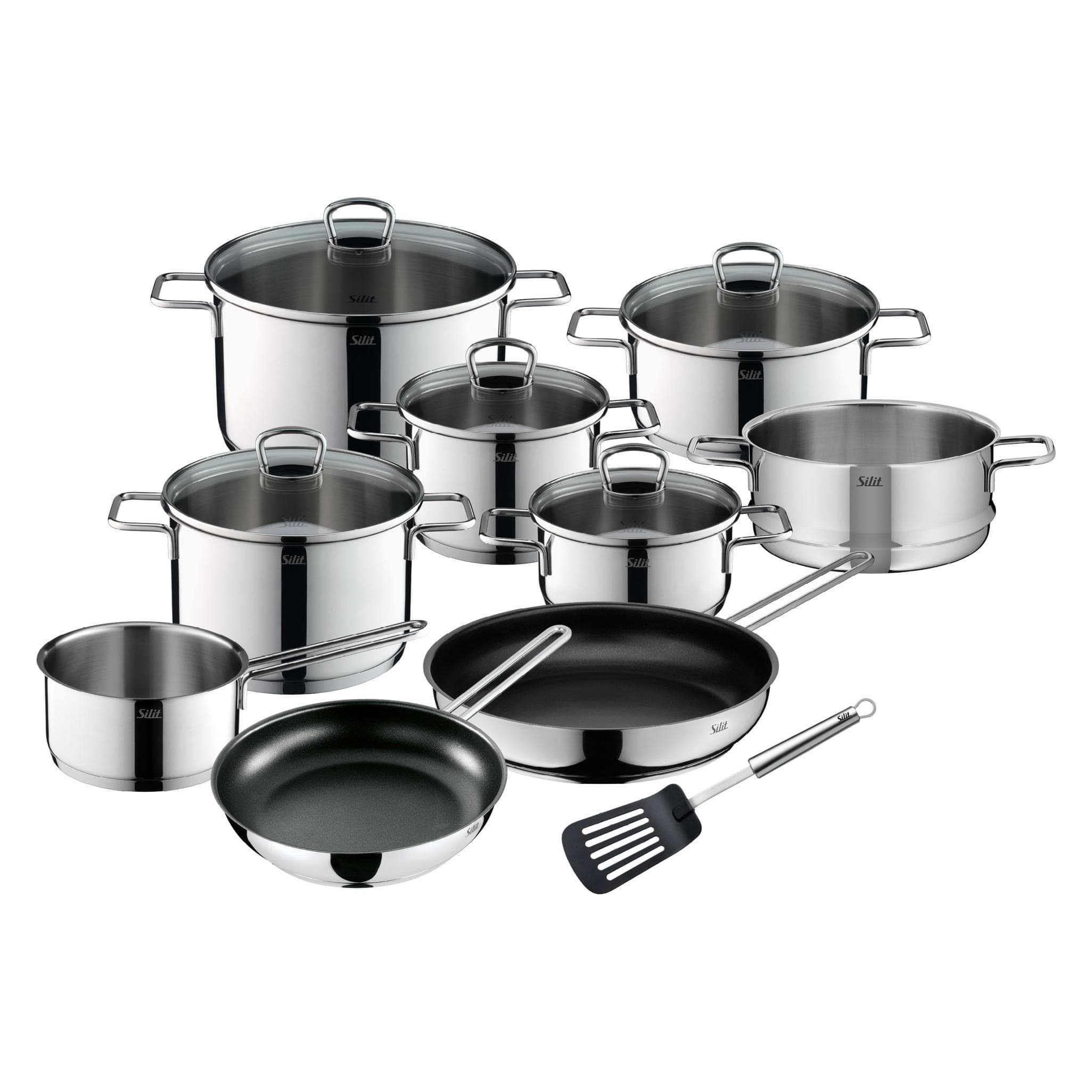 Silit Topfset Induktion Kochtopfset 10tlg Glasdeckel Allicante Edelstahl, Padella + Pentola, Argento
