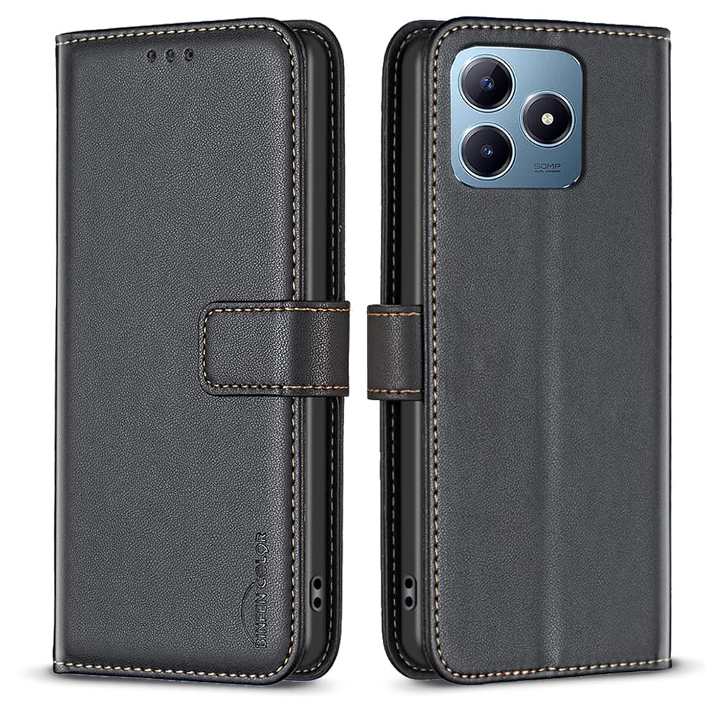 BINFEN COLOR BF17 For Realme Note 60x 4G / C63 4G / C61 4G Leather Case Wallet Stand Phone Cover - Black