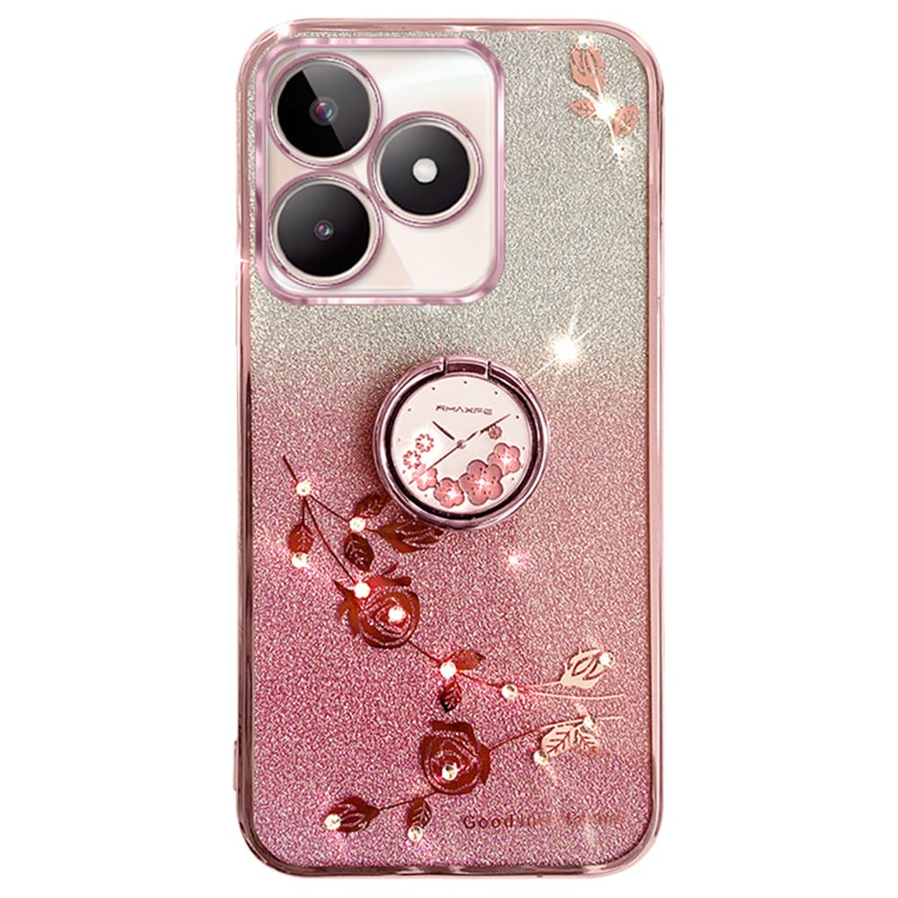 KADEM For Honor X60i 5G Case Ring Kickstand TPU Flowers Phone Cover Gradient Glitter - Rose Gold