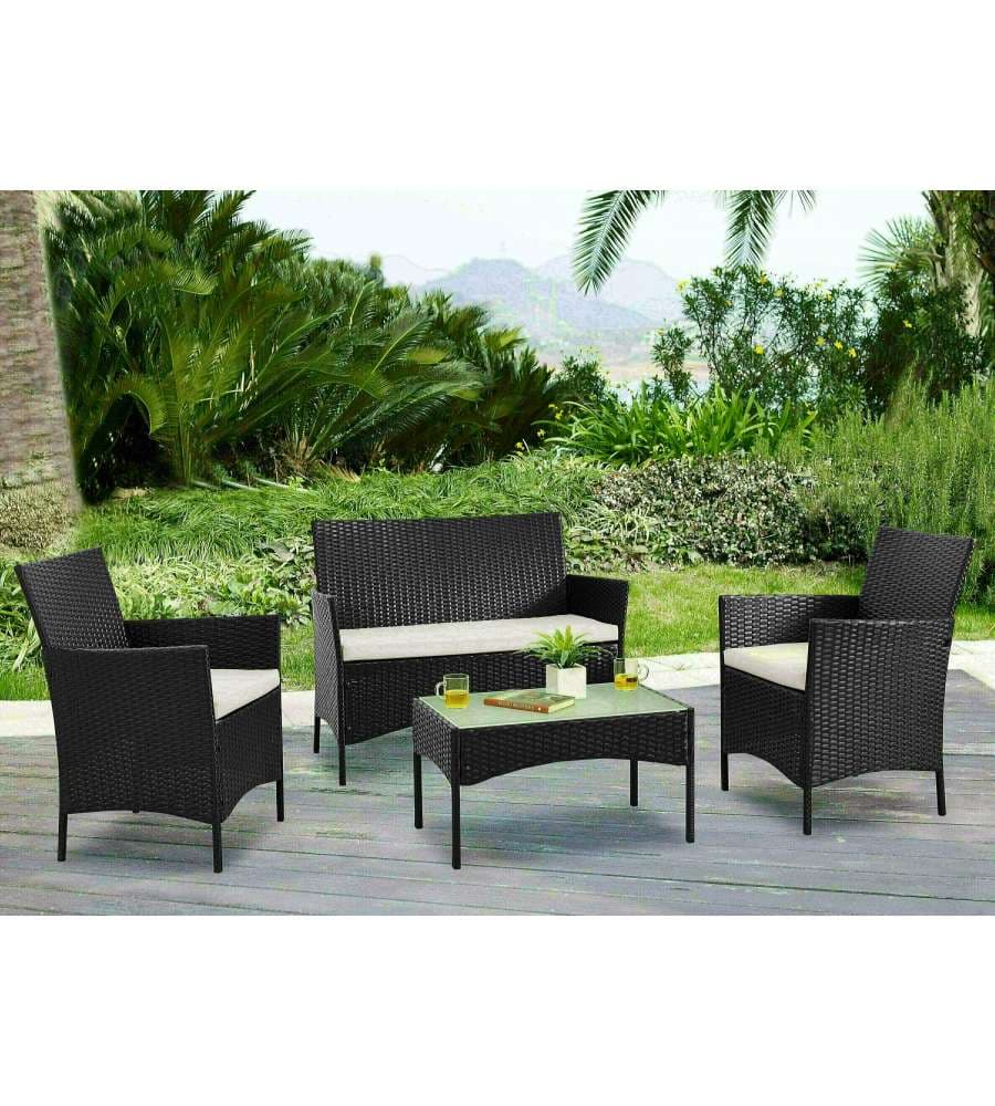 Salotto da Giardino Alicante in Polirattan Nero - Kit Completo
